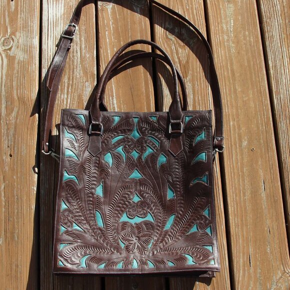 JL Saldivar Cutout Tooled Leather Large Purse Tote Bag, Dark Brown & Turquoise - Picture 1 of 16
